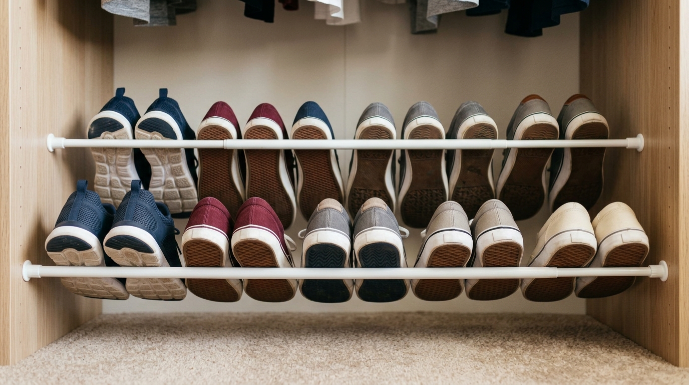 Two rods in a closet holding a neat row of shoes by their heels