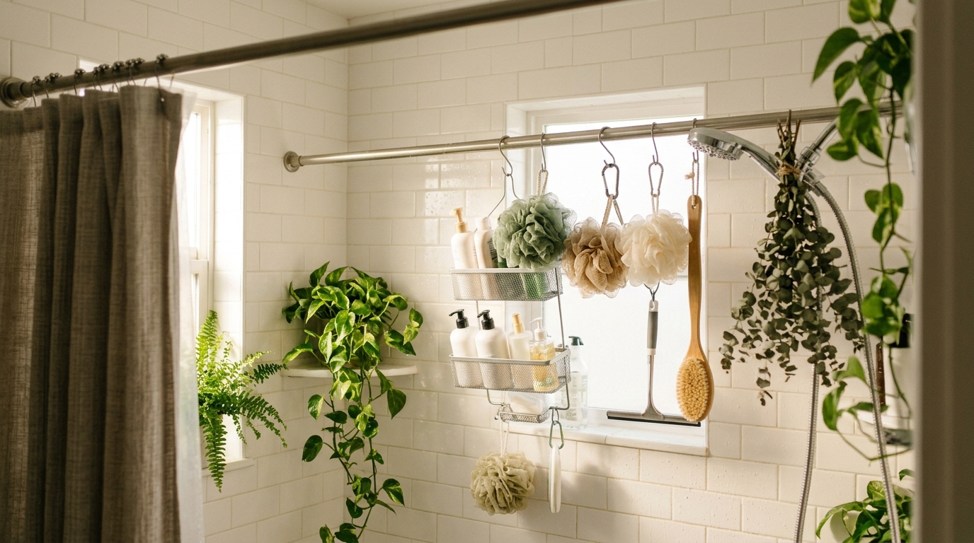 Tension rod hacks in the shower with a second rod holding caddies and loofahs