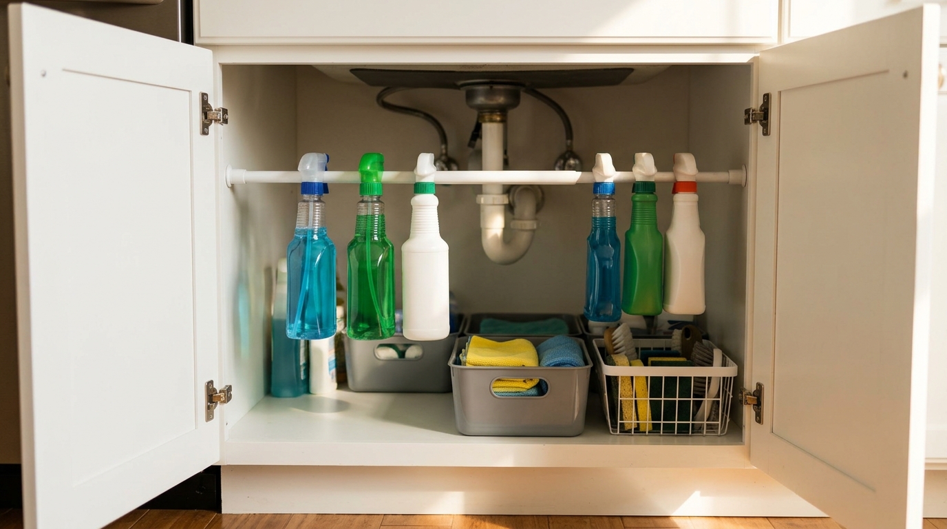 Tension rod hacks under the sink with spray bottles hanging by their triggers