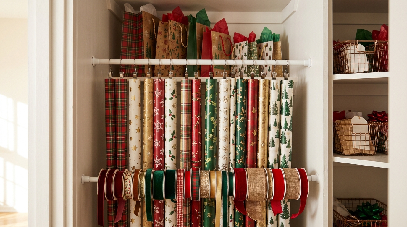 Tension rod hacks for the holidays, wrapping paper rolls hanging in a closet