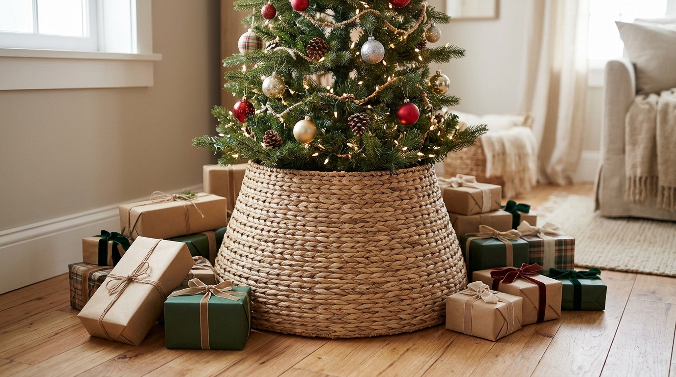 Skinny Christmas tree ideas with a wide woven basket collar at the base