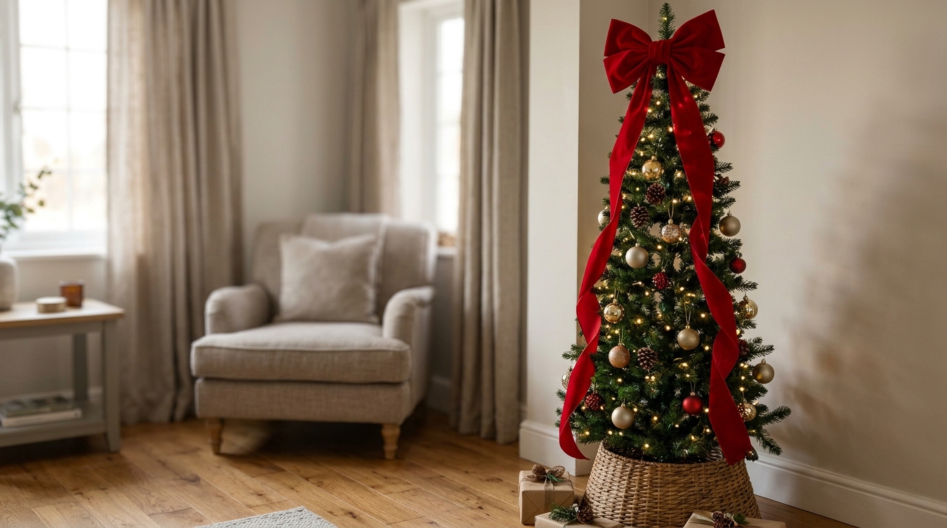 Slim tree topped with one oversized red velvet bow with long tails