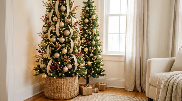 Skinny Christmas tree ideas in a living room corner, a slim tree with ribbon drops in a basket and a second slim tree by a window