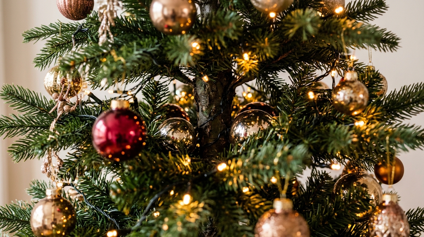 Ornaments tucked deep inside a slim tree near the trunk glowing with LED lights