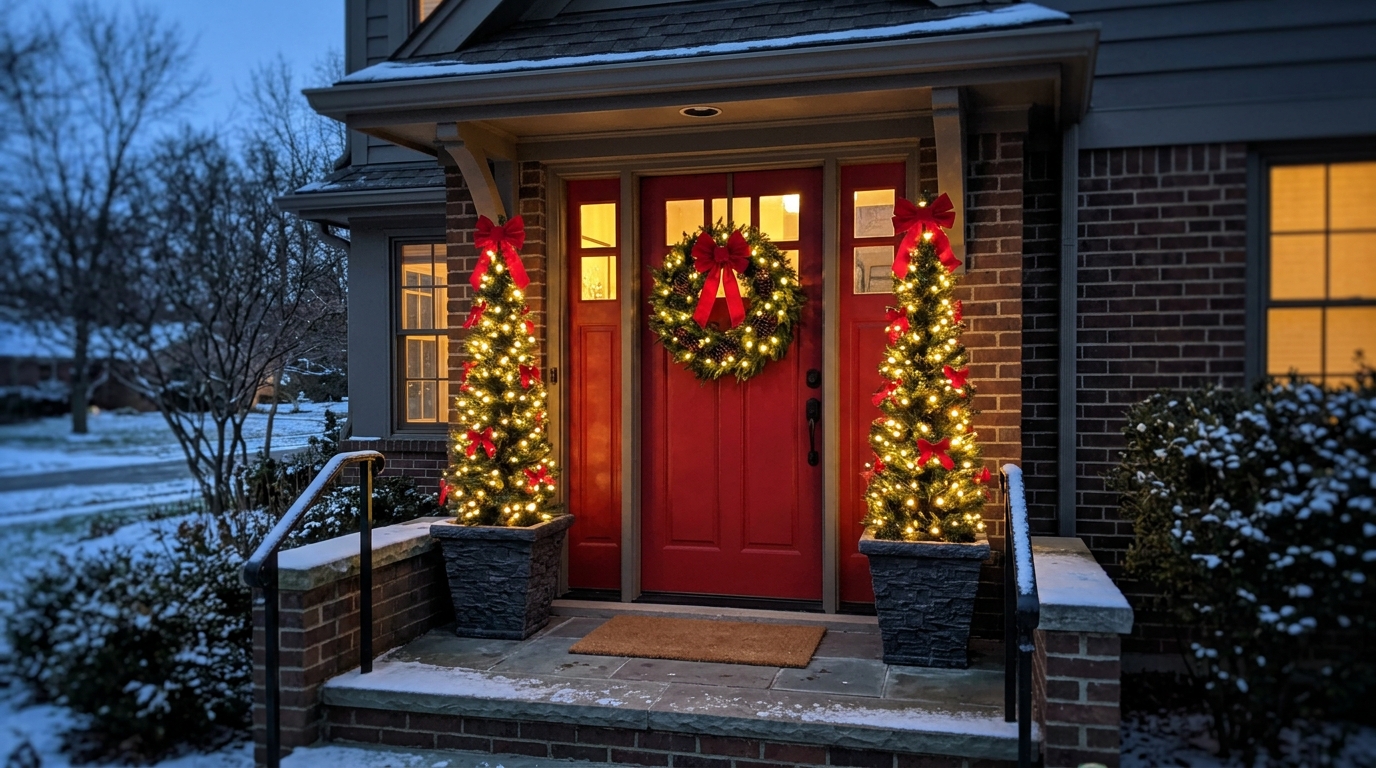 Two slim trees in planters on each side of a red front door at dusk