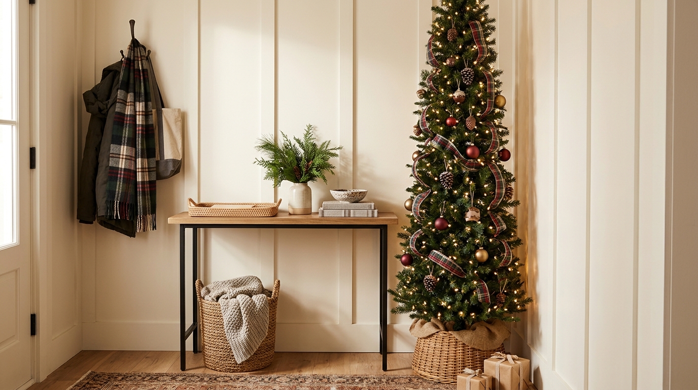 Slim pencil tree in a narrow entryway corner beside a console table