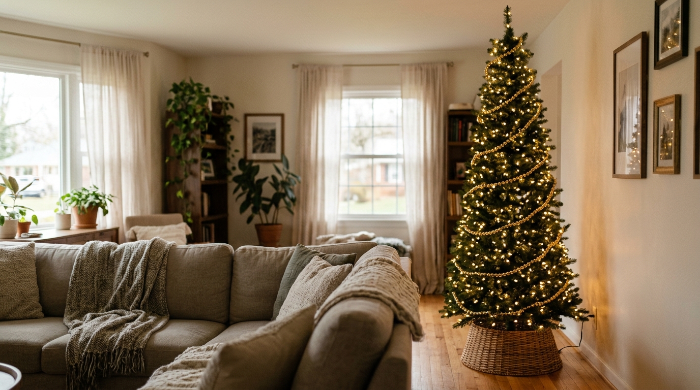 Gold beaded garland spiraling around a slim Christmas tree