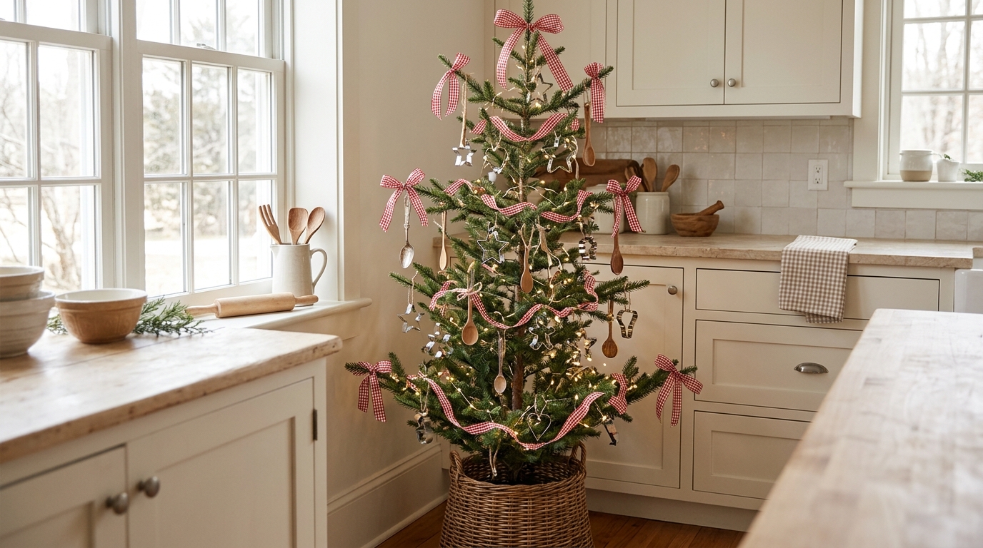 Skinny Christmas tree ideas for the kitchen with cookie cutter ornaments and gingham ribbon
