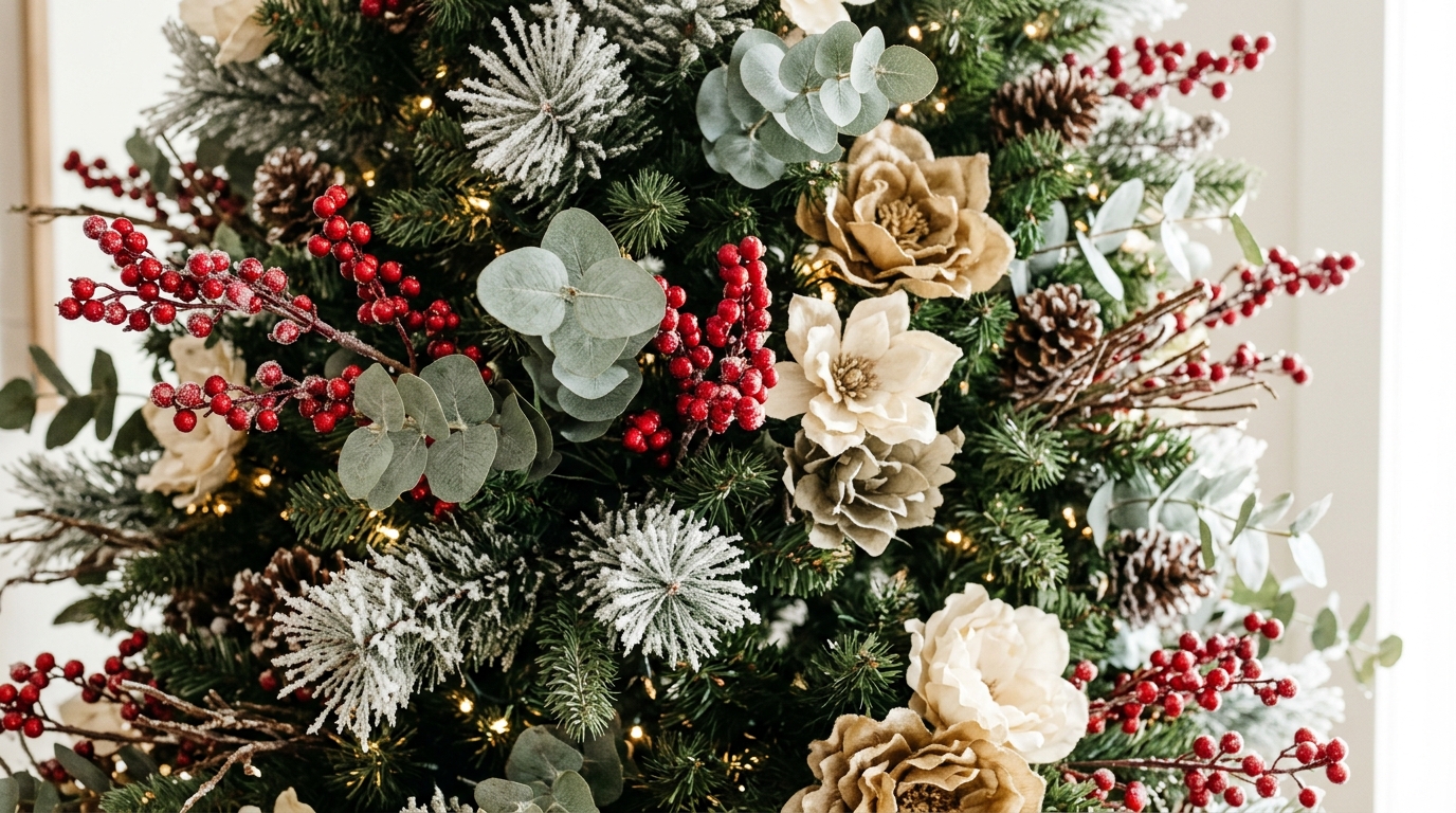 Slim tree filled with floral picks, berry stems, frosted sprigs and eucalyptus