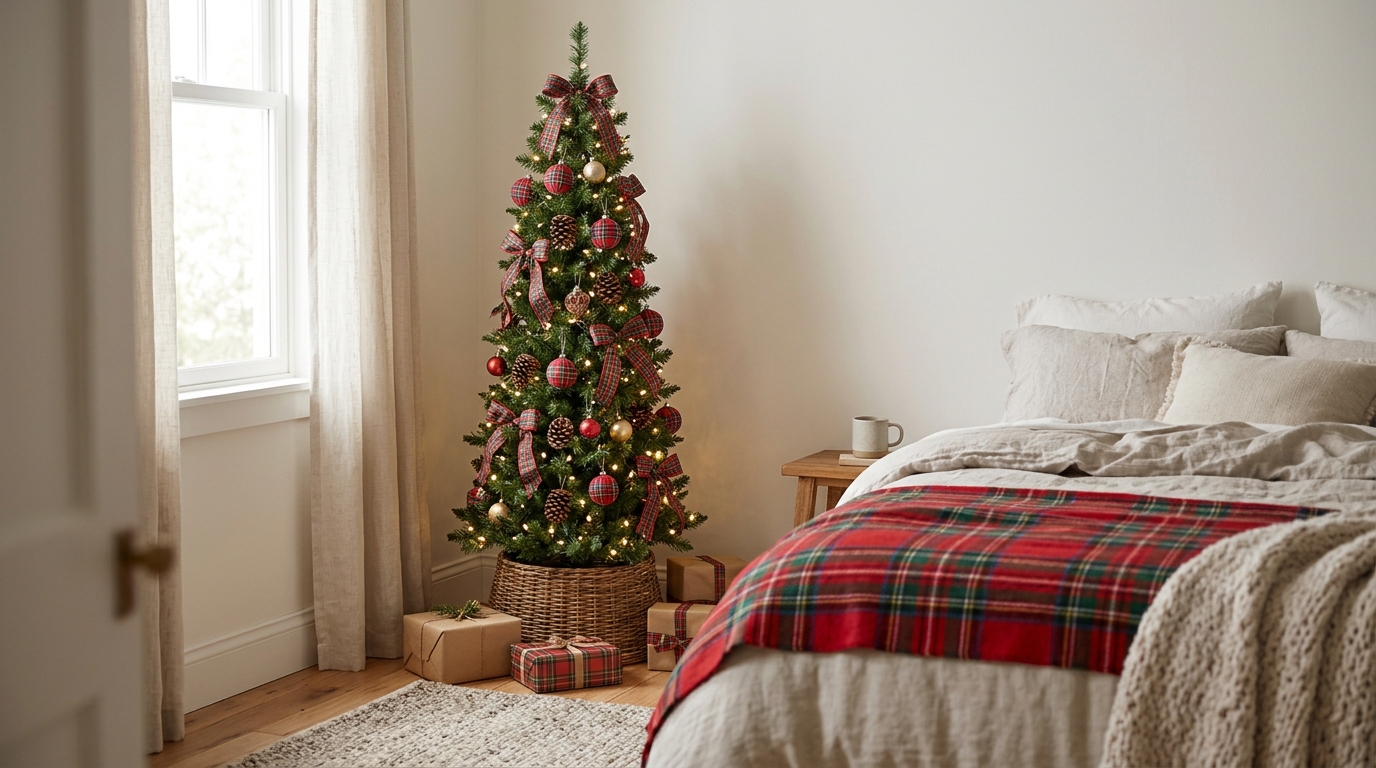 Slim tree in a bedroom with red and green plaid ornaments beside a bed