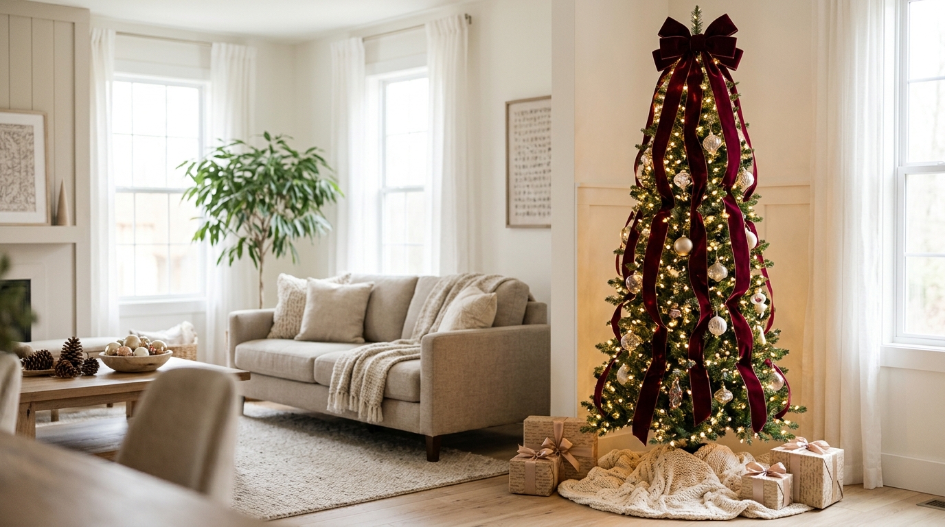 Skinny Christmas tree ideas with velvet ribbon cascading from top to bottom
