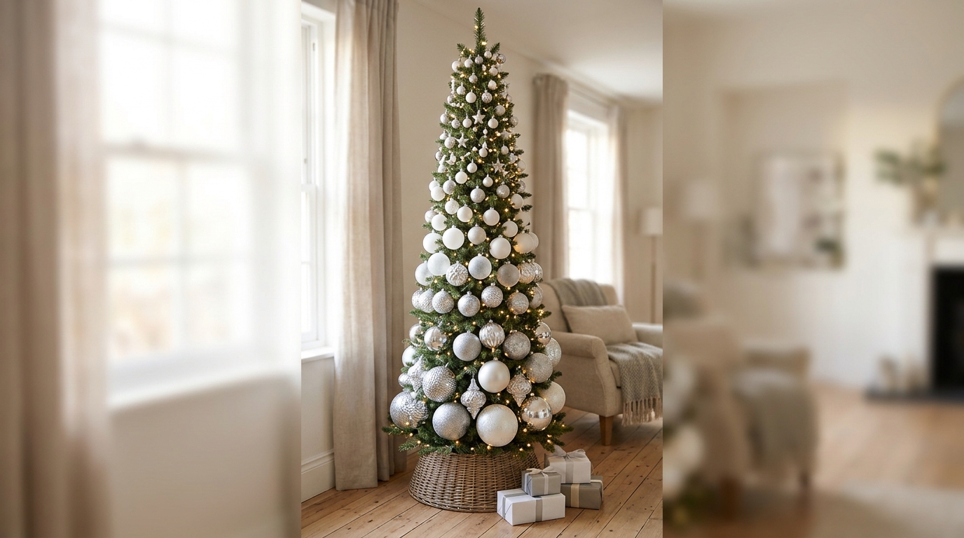 Slim tree with tiny ornaments at the top and larger ones at the bottom