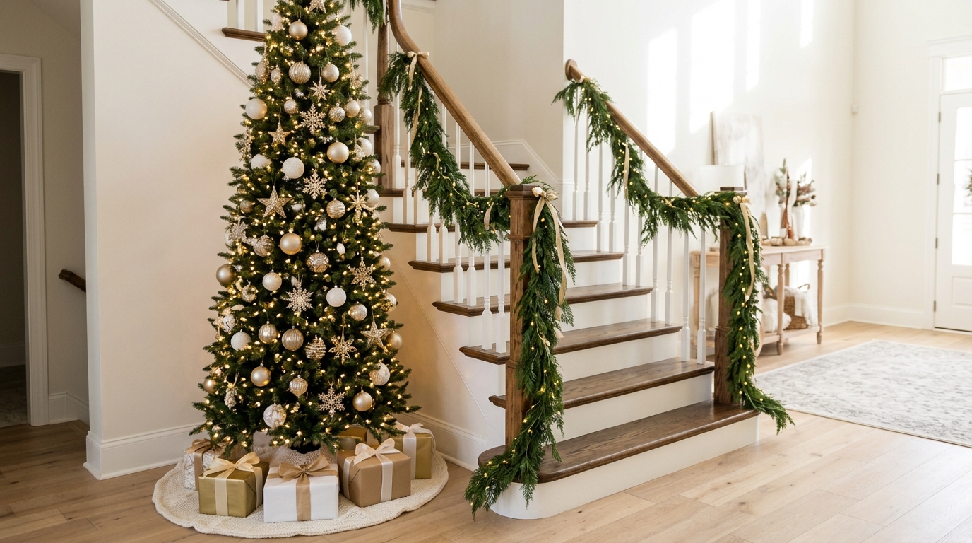 Skinny Christmas tree ideas for a foyer, a tall slim tree beside a staircase