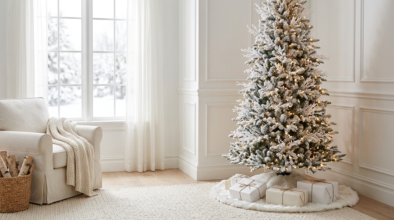 Skinny Christmas tree ideas in all white, a slim tree with warm LED lights and frosted picks