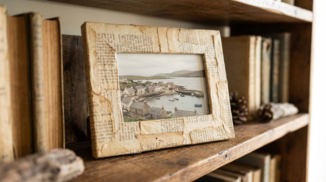Frame covered in old book pages holding a seaside village photo