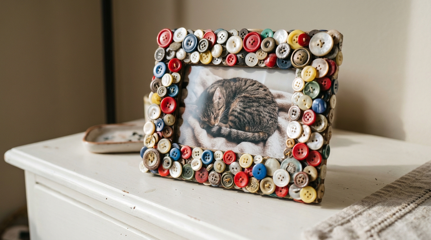 Frame covered in colorful vintage buttons holding a sleeping cat photo