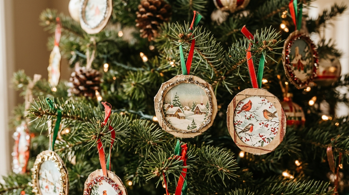 Old Christmas cards cut into small framed ornaments on a tree