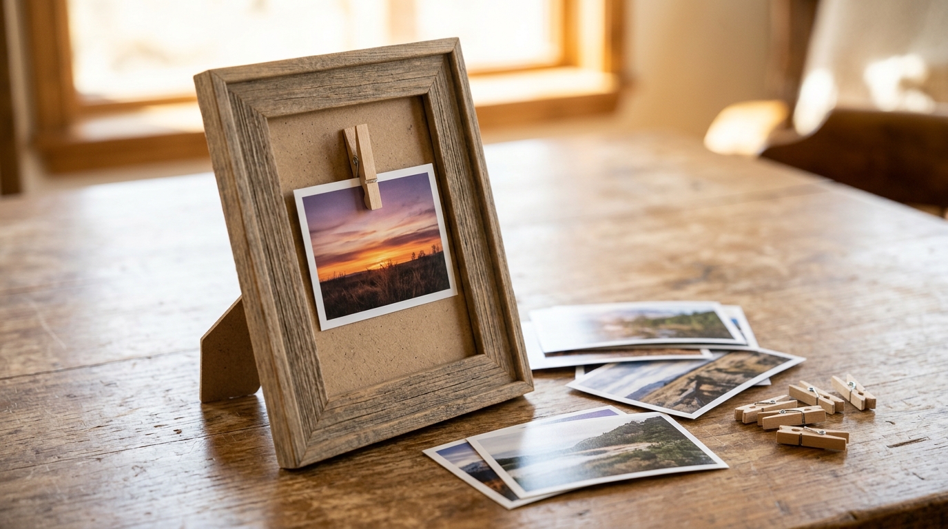 Wooden frame with a clothespin holding a swappable sunset photo