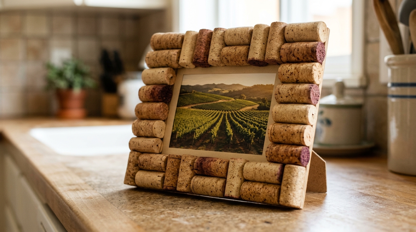 DIY picture frames made from wine corks around a vineyard photo