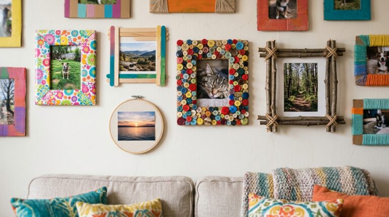 DIY picture frames on a gallery wall above a sofa, wrapping paper, popsicle stick, button, twig and hoop frames