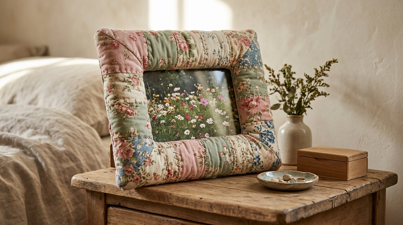 Padded floral fabric frame holding a garden flower photo on a nightstand