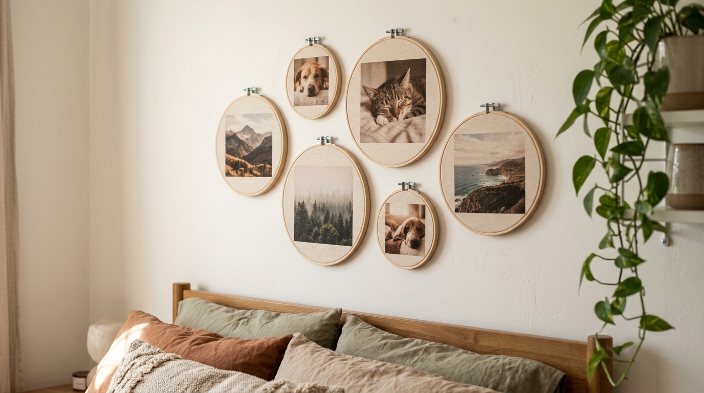 DIY picture frames from embroidery hoops on a bedroom wall