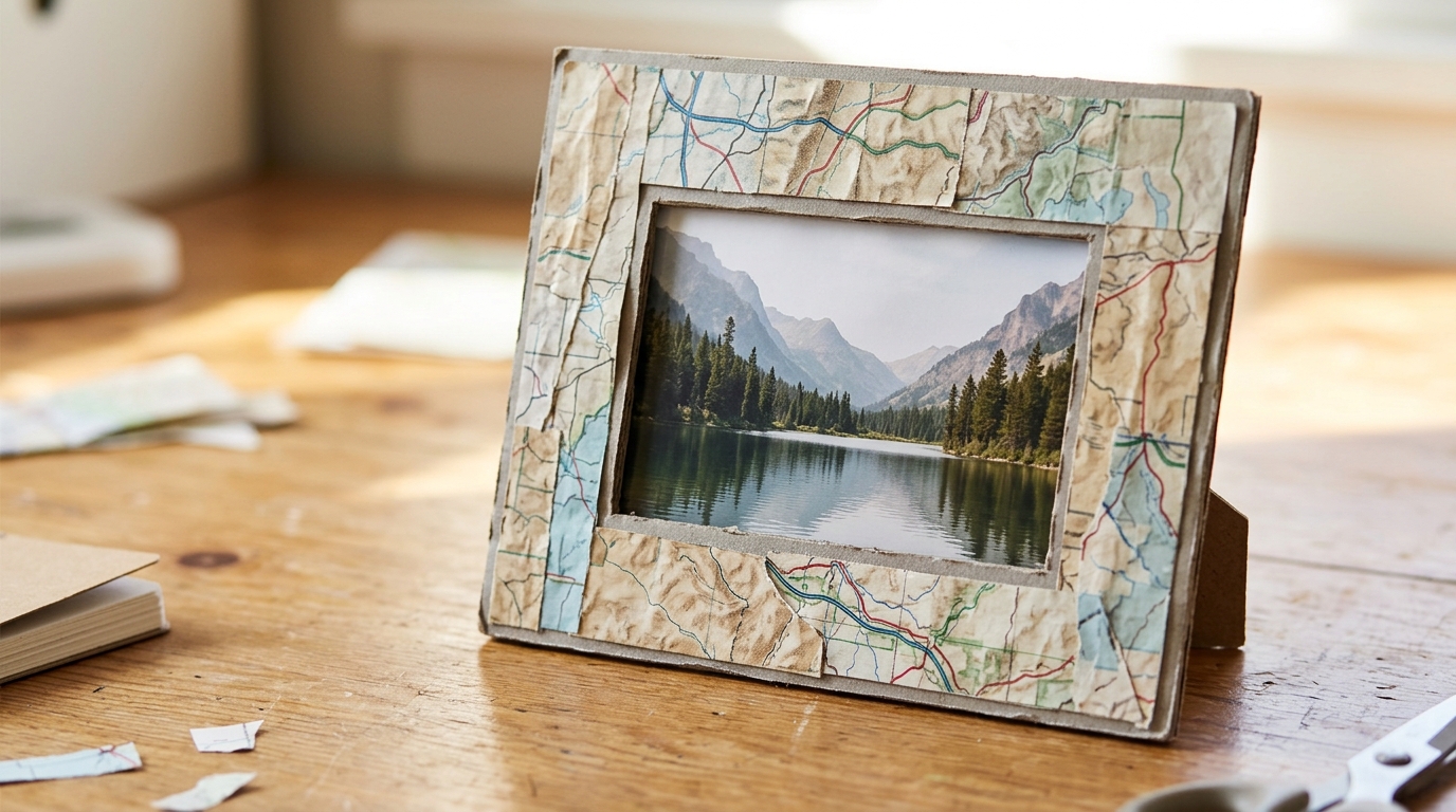 Cereal box frame decoupaged with an old road map holding a mountain lake photo