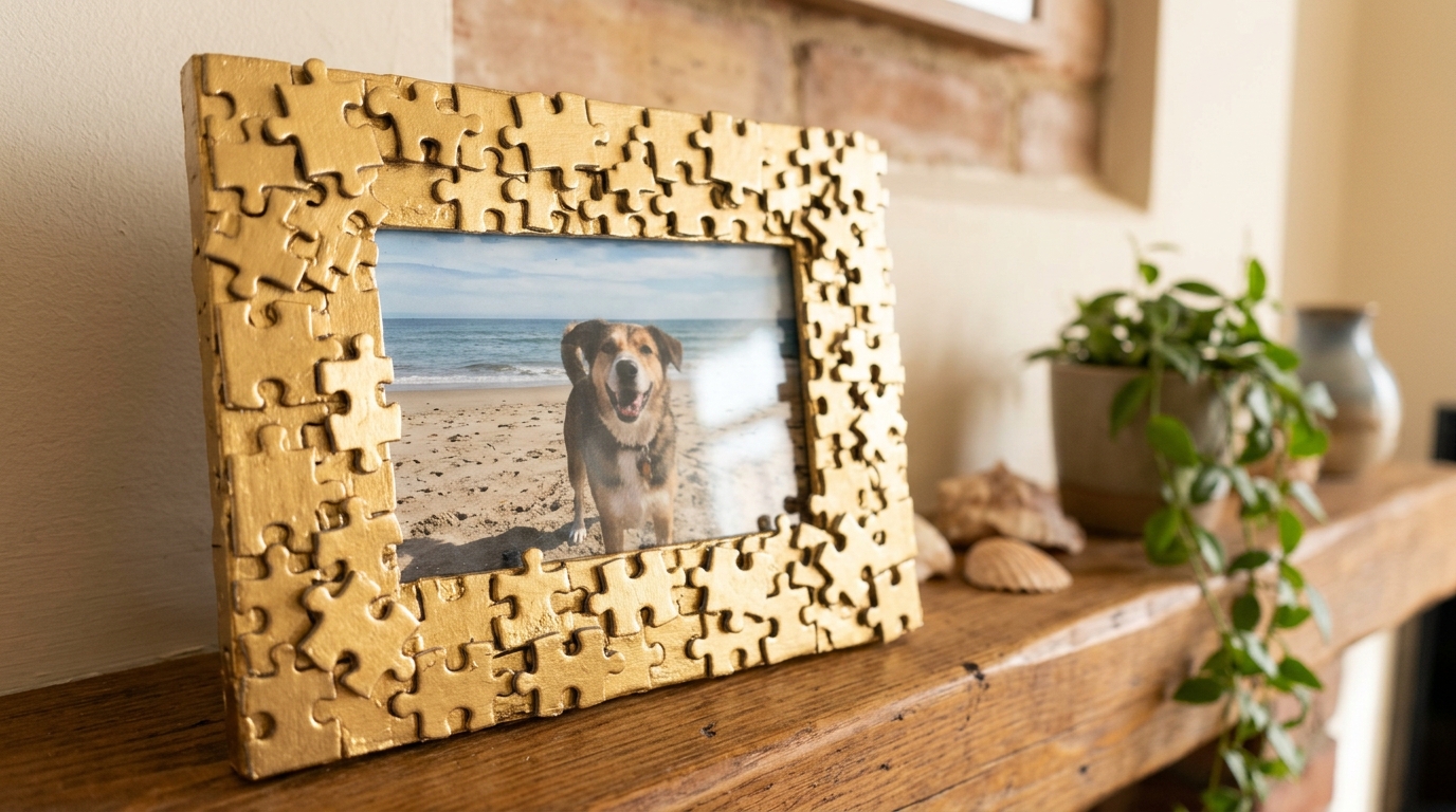 DIY picture frames covered in gold painted puzzle pieces with a dog photo