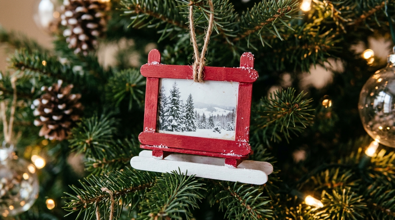 Red popsicle stick frame shaped like a sled hanging on a Christmas tree