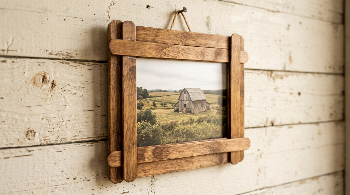 Farmhouse frame made from stained paint stirrer sticks holding a barn photo