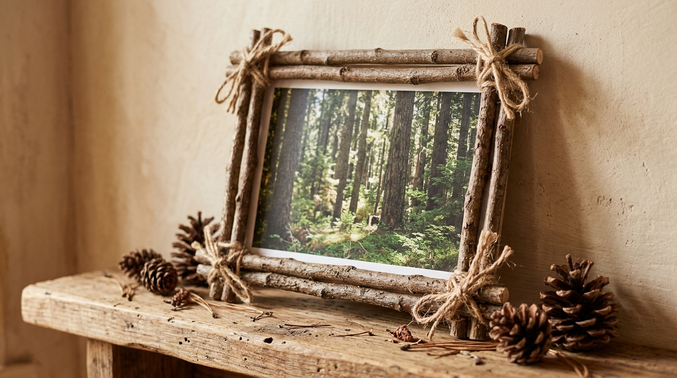 Rustic twig frame tied with twine holding a forest photo