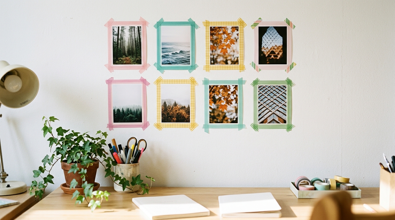 Photos taped on a white wall with colorful washi tape frames