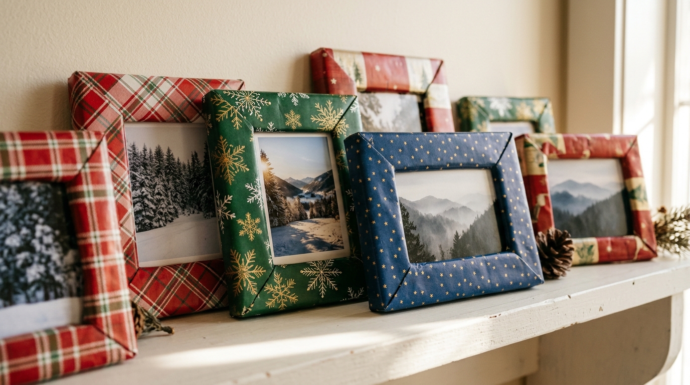 DIY picture frames covered in leftover Christmas wrapping paper on a shelf