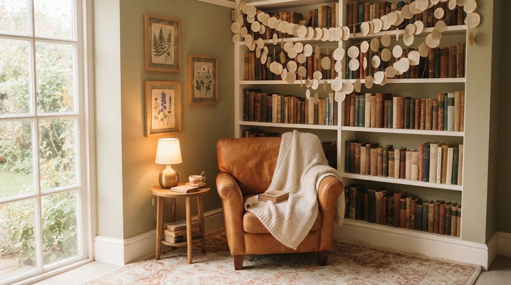 Book page garland and framed book art above a reading chair