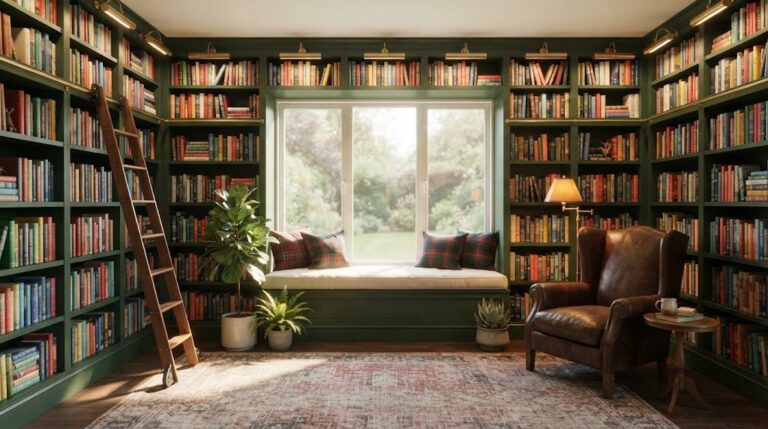 Home library ideas, deep green bookshelves built around a window seat with cushions and a reading lamp