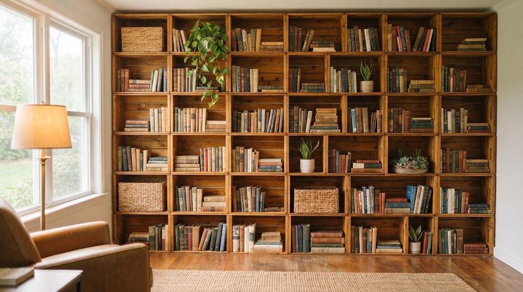 Stacked wooden crates used as bookshelves