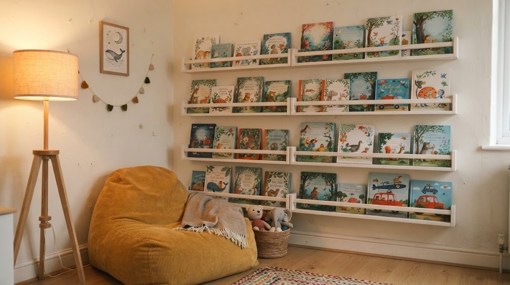 Kids book wall made from rain gutter shelves with picture books facing out