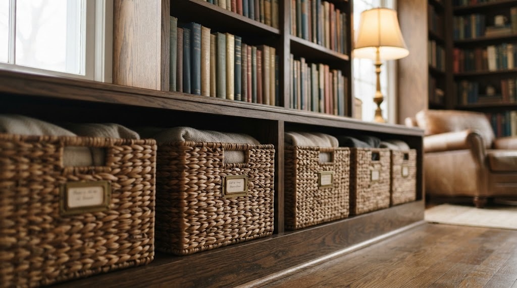 Woven baskets with card catalog style labels on library shelves