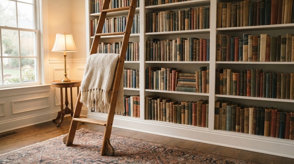 Wooden ladder leaning against tall bookshelves