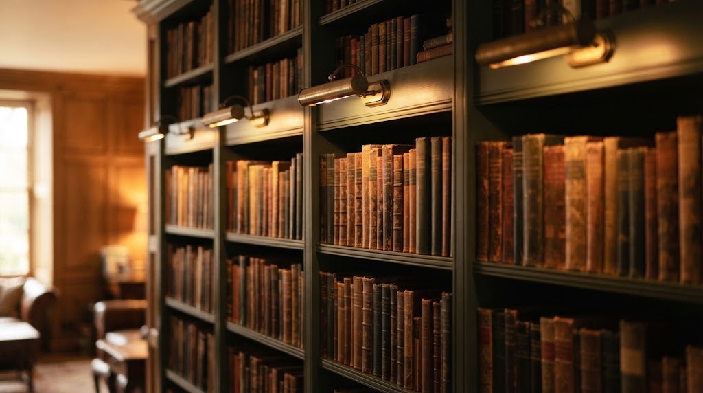 Home library ideas with brass picture lights glowing over full bookshelves