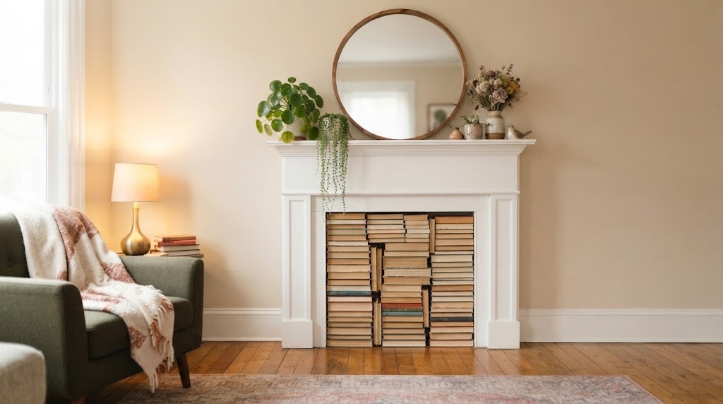 Faux fireplace mantel with books stacked inside the opening