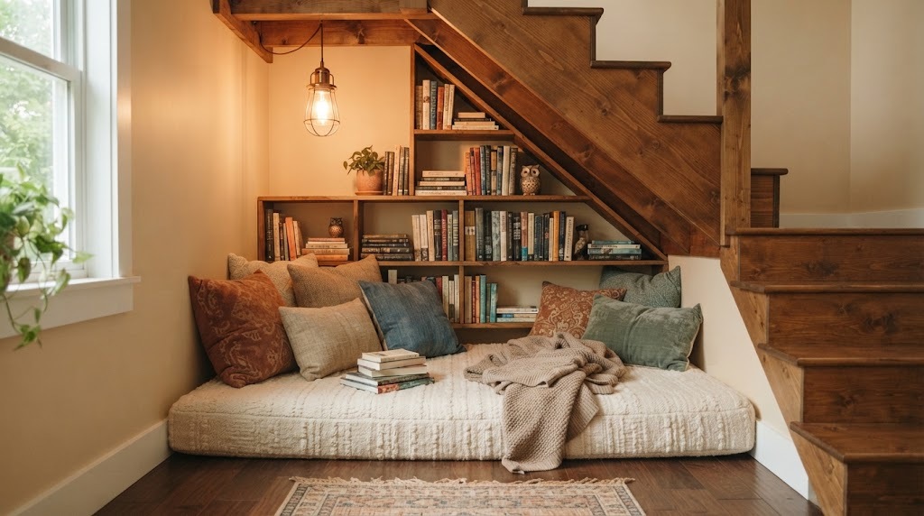 Book nook built under a staircase with cushions and shelves