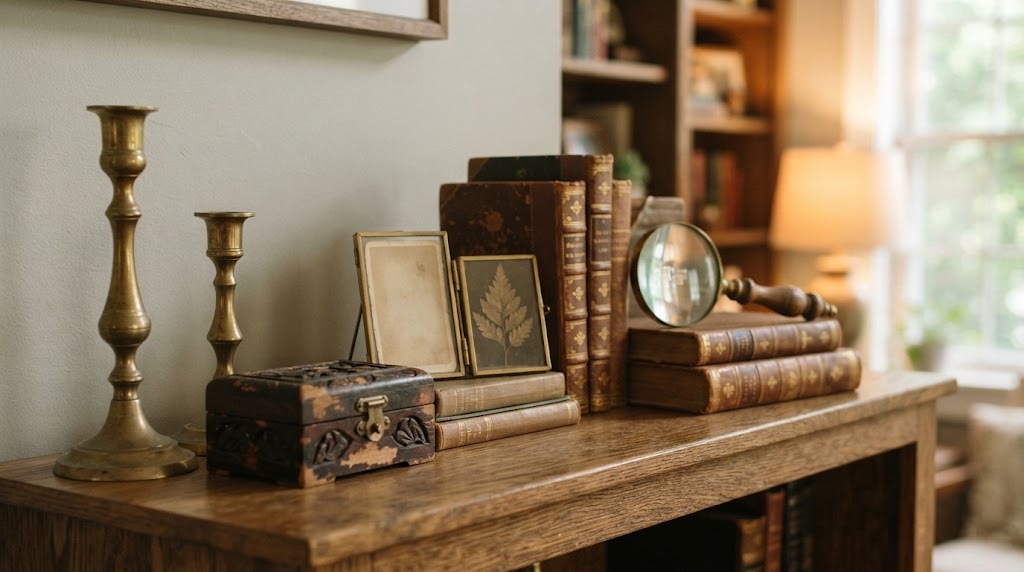 Shelf styled with thrifted brass and wood library decor