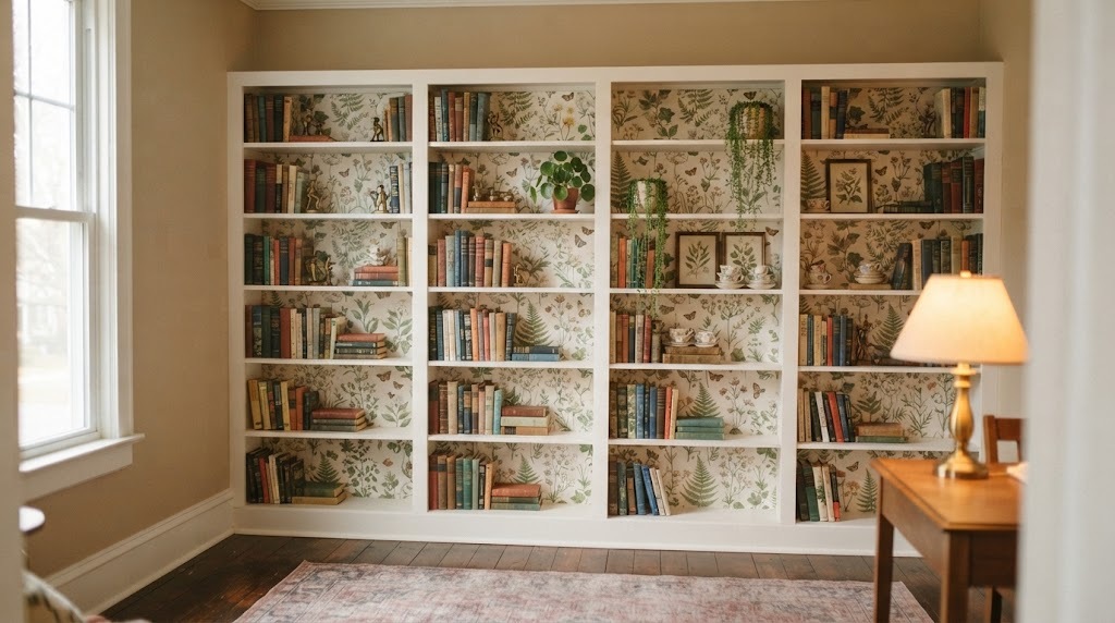 Home library ideas with patterned wallpaper on the back of white bookcases