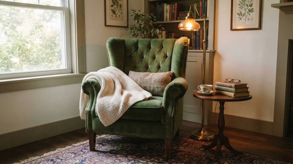 Home library ideas corner, a wingback chair with a floor lamp and side table