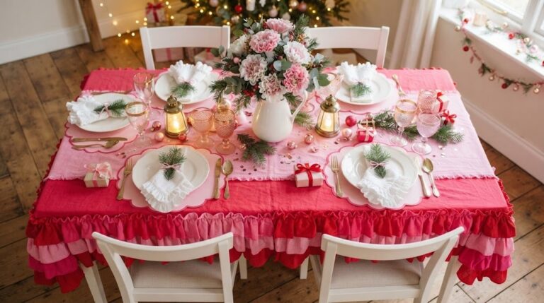Ruffle table decor on a holiday table with a pink and red ruffled tablecloth, ruffle napkins and a paper flower centerpiece