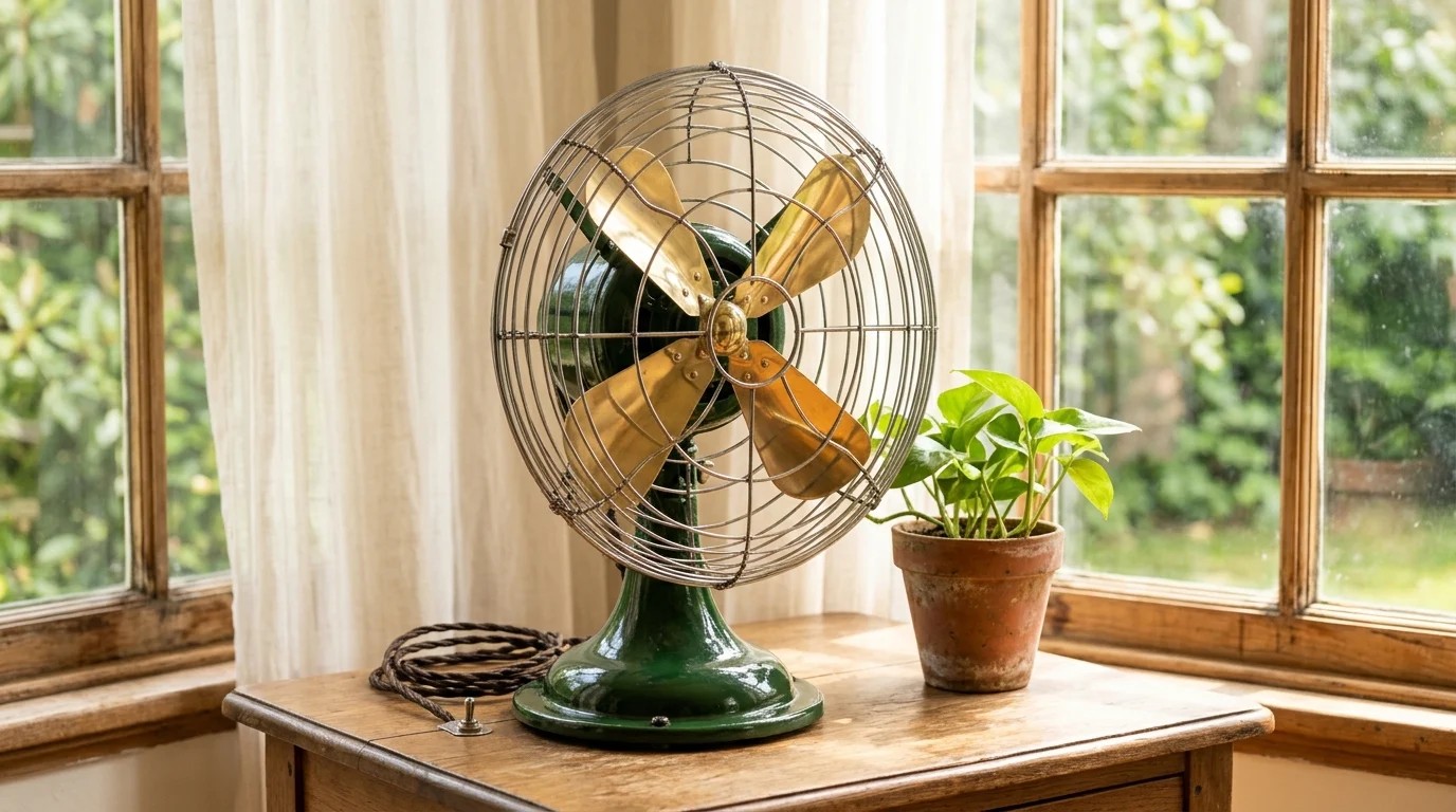 Rusty restoration projects classic: an 85 year old desk fan with brass blades and a green base by a window