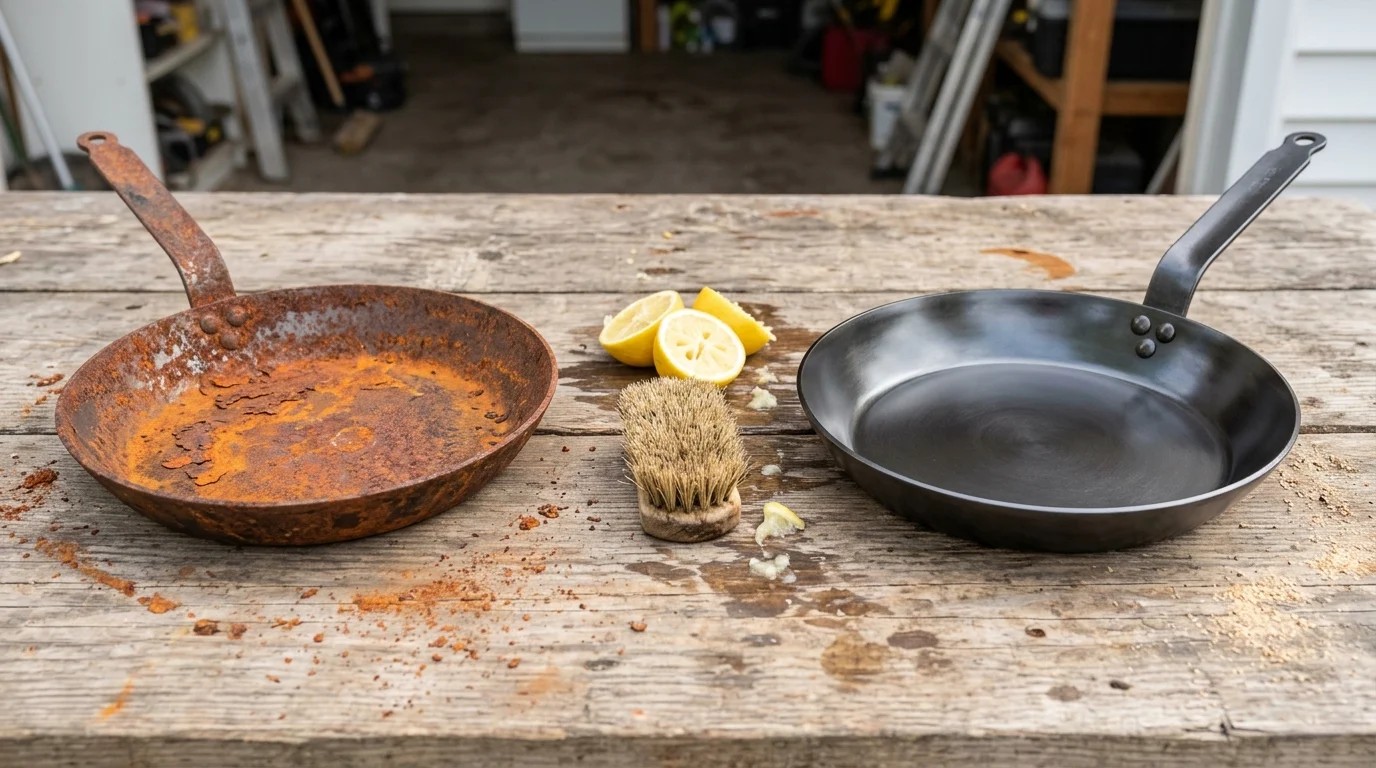 Badly rusted frying pan next to the same pan cleaned and gleaming on a workbench