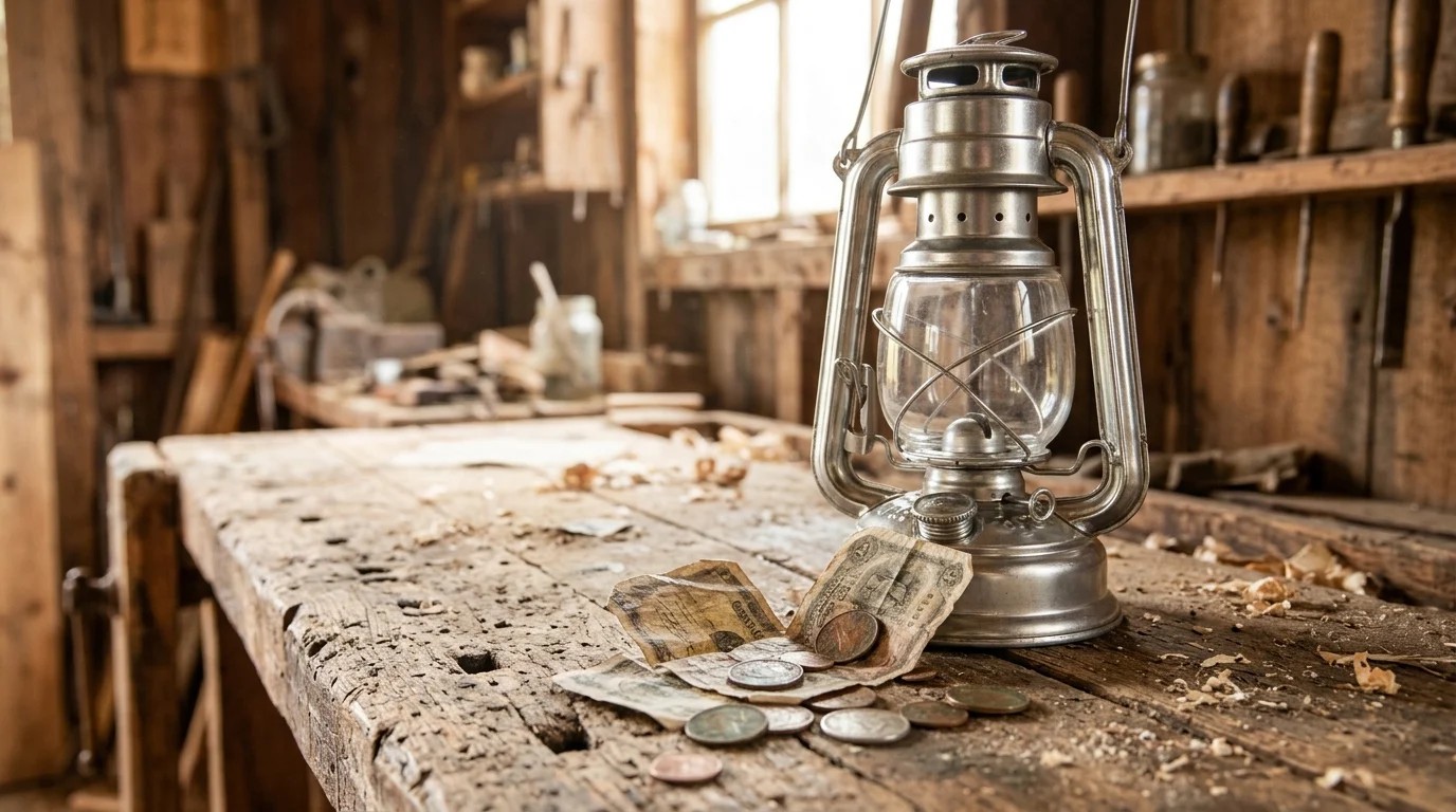 Restored old lantern on a rustic table with vintage bank notes and coins found inside