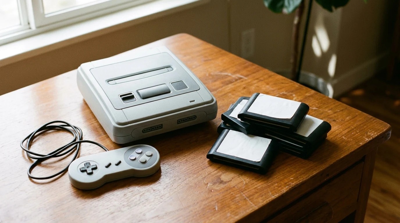 Rusty restoration projects collection: a top loading retro console cleaned to light gray with cartridges